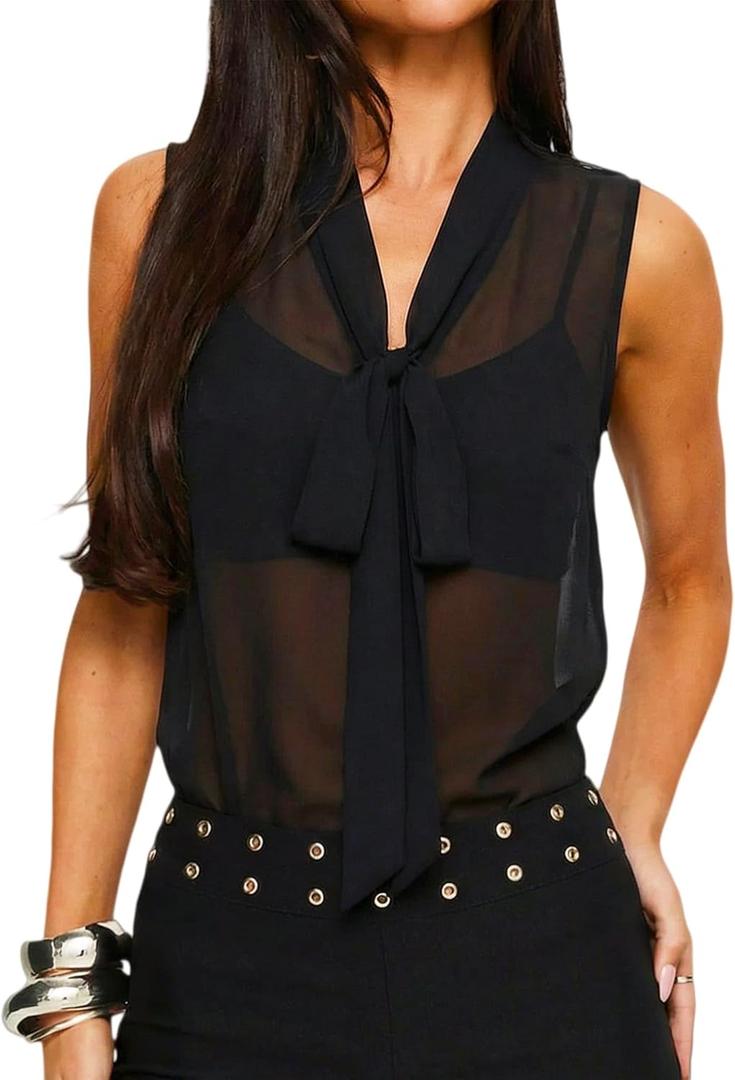 Prettywear Sheer Sleeveless Blouses for Women 2026 See Through Chiffon Sexy Going Out Party Club Tops Button Bow Tie Shirts (Black, S)