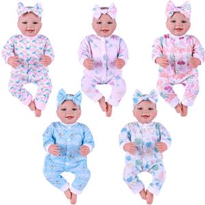 BABESIDE 5 Sets of Reborn Baby Doll Clothes with Doll Headband for 17-22 Inch Dolls, Newborn Baby Doll Clothes and Accessories Set with Various Cute Patterns for Real Life Baby Dolls