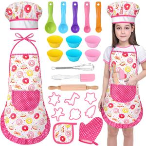GIFTINBOX Kids Cooking and Baking Chef Set, 25PCS with Kids Apron,Chef Hat & Utensils ids Cooking Set, Toddler Dress Up and Pretend Play Kitchen Toys, Birthday Toys for 3 4 5 6 7 8 Year Old Girls