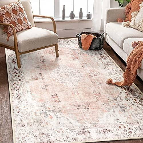 MUJOO Boho Rug 4'x6' Area Rugs for Bedroom Living Room Dining Room Pink Small Rugs Machine Washable Non Slip Carpet for Office Dorm Bedside Kitchen Laundry Room Floral