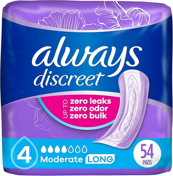 Always Discreet Adult Incontinence Pads for Women, Moderate Absorbency, Long Length, Postpartum Pads, 54 Count
