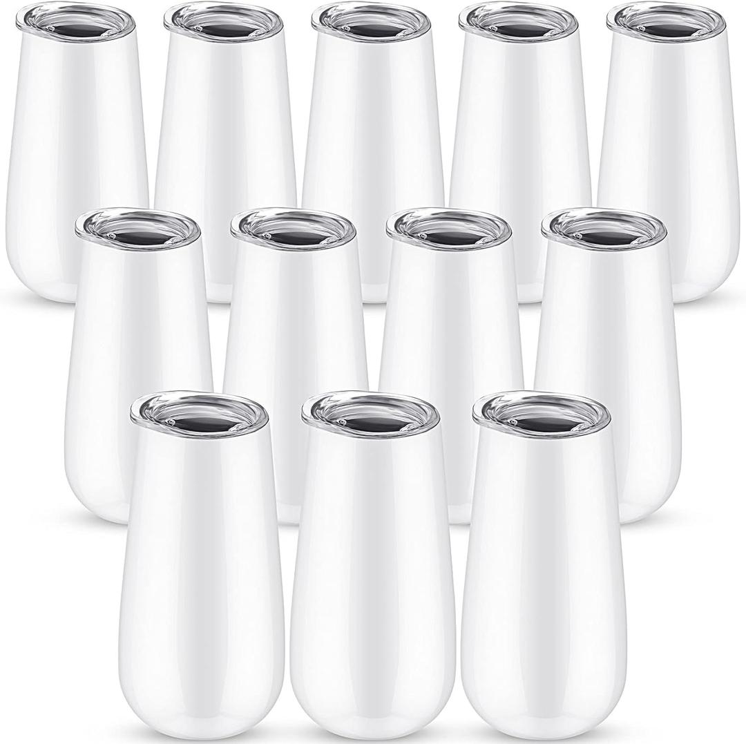 Patelai 12 Pieces 6 oz Stemless Champagne Flutes Wine Tumbler Double-Insulated Cocktail Cups Unbreakable Reusable Champagne Toasting Glass with Lid for Wine Cocktail Wedding Birthday Party (White), 5.7 Ounces