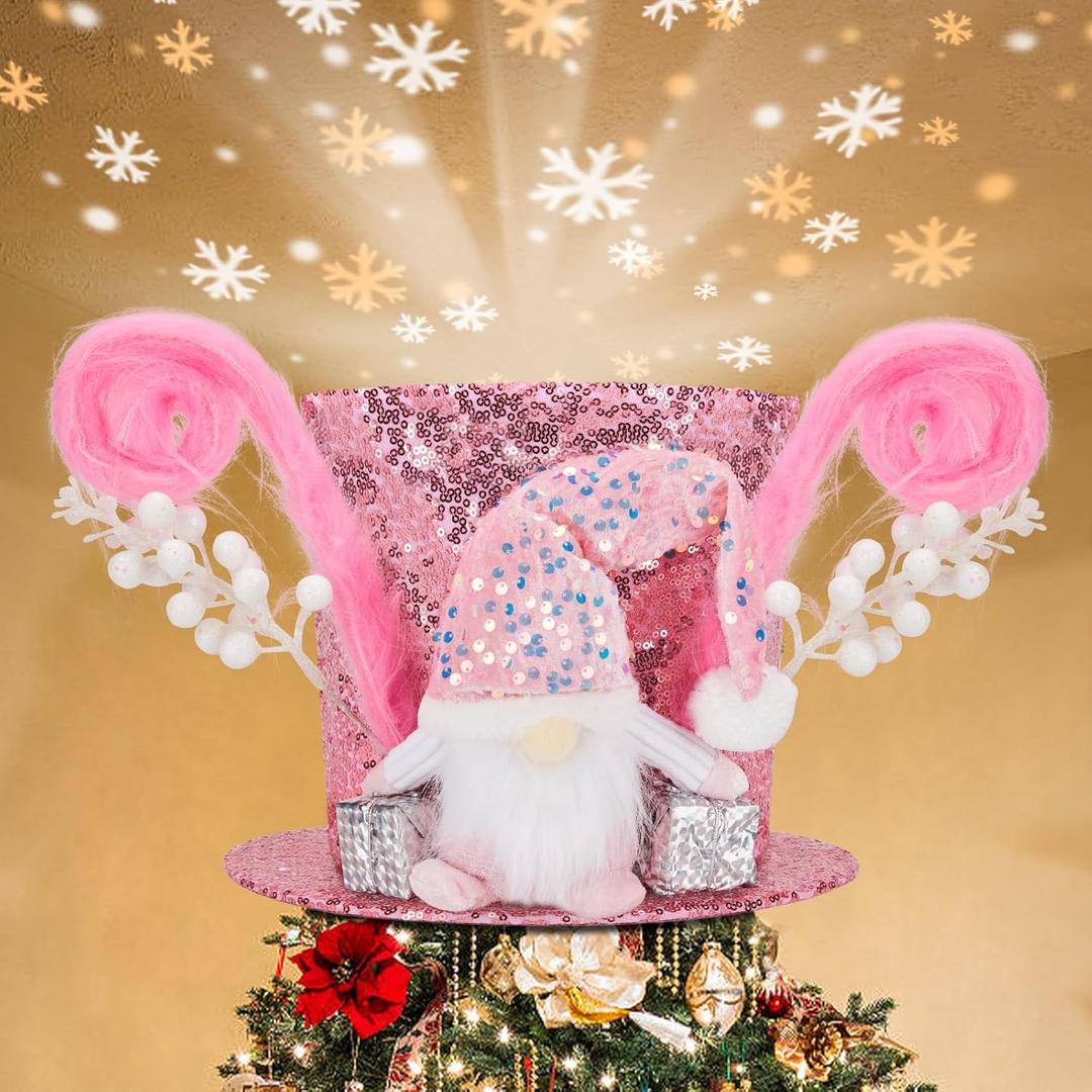 Pink Christmas Tree Topper Hat Lighted 3D Christmas Projector Rotating Tree Top Snowflake Projector LED Lights Pink Gnome Tree Topper Christmas Tree Decoration Top Hat Ornaments Xmas Home Party Decor