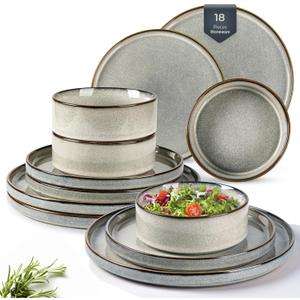 GBHOME Ceramic Dinnerware Sets for 6, 18 Pieces Stoneware Plates and Bowls Sets, Reactive Glaze Stackable Dish Set -Scratch Resistant, Dishwasher & Microwave Safe (Green Wheat)