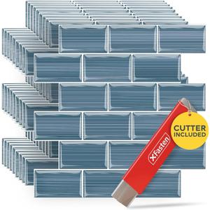 XFasten Backsplash Tile for Kitchen Peel and Stick Tile 10pcs 12 x 12 with Mini Cutter Blue Subway Tile for Backsplash, Waterproof Bathroom Kitchen Wall Tiles