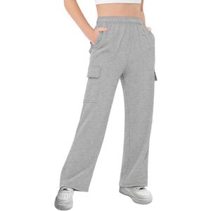 Girls Kids Cargo Sweatpants Wide Straight Leg Jogger Pants 5-14 Years (Grey)