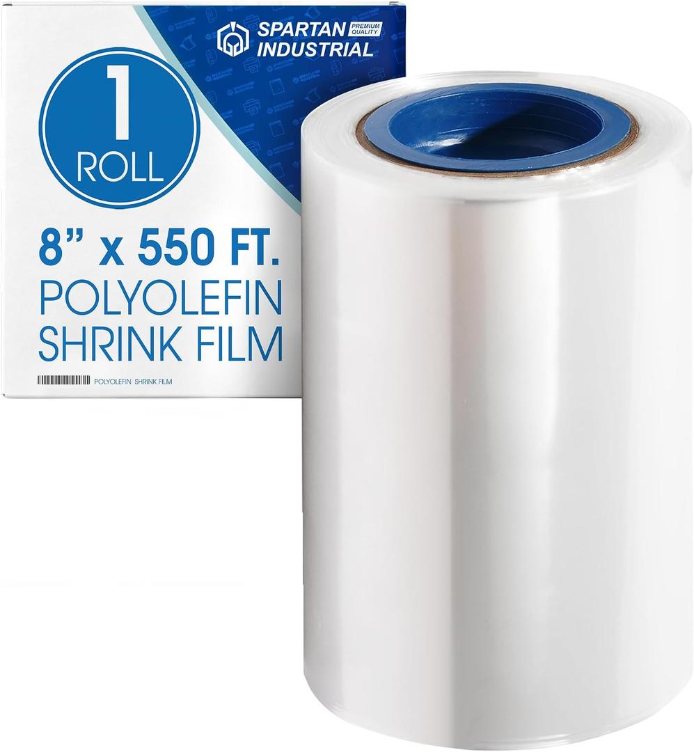 Spartan Industrial - 8" X 550' Polyolefin Centerfold Heat Shrink Wrap Roll - 80 Gauge Shrinkable Film for Packaging Books, Toys, Sporting Goods, Medical Supplies, and More