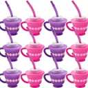Fun Express Tea Party Cups Set of 12 with Lids and Straws - Pink & Purple Plastic Tea Cups for Kids Party Decorations | 8oz Disposable Party Favor Cups for Princess Birthday Parties & Events
