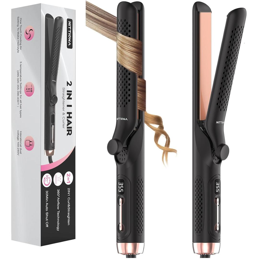 360 Airflow Styler Curling Iron - 1.25 Inch Hair Straightener and Curler 2 in 1 with Vented Cool Air to Lock in Style, Extra Long Flat Iron Curling Wand, 5 Temps & Dual Voltage for Travel (Black)