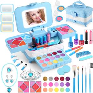 57 in 1 Kids Makeup Kit With 3-Color LED Mirror, Real Washable, Perfect Girl Birthday Gift, Age 3+ (Blue)