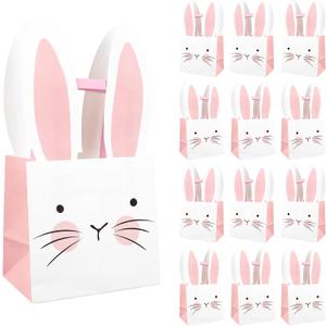 FYSUIMU 16 Pcs Easter Paper Bags Pink Bunny Treat Bags with Handles Rabbit Face Candy Goodie Bag for Birthday Baby shower Party Favors Supplies