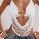 MakeMeChic Women's Y2k Crochet Halter Top Open Back Metal Ring Draped Front Summer Sequin Rave Party Going Out Tops (White, S)