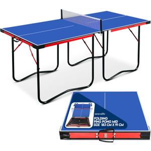 SereneLife Midsize Portable Ping Pong Table Set with Net, Clipper, Post - 6 x 3 Foldable Space-Saving Design, Blue