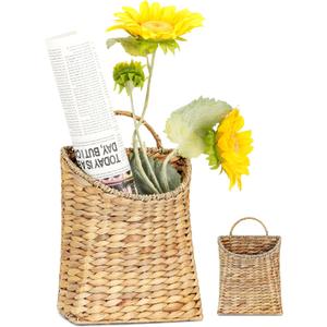 Front Door Basket - Rustic Farmhouse Hanging Door Basket, 13x8.5 Inch Water Hyacinth Hanging Woven Basket with Seagrass Mouth for Plants, Mail & Flowers Storage, Entryway Home Decor