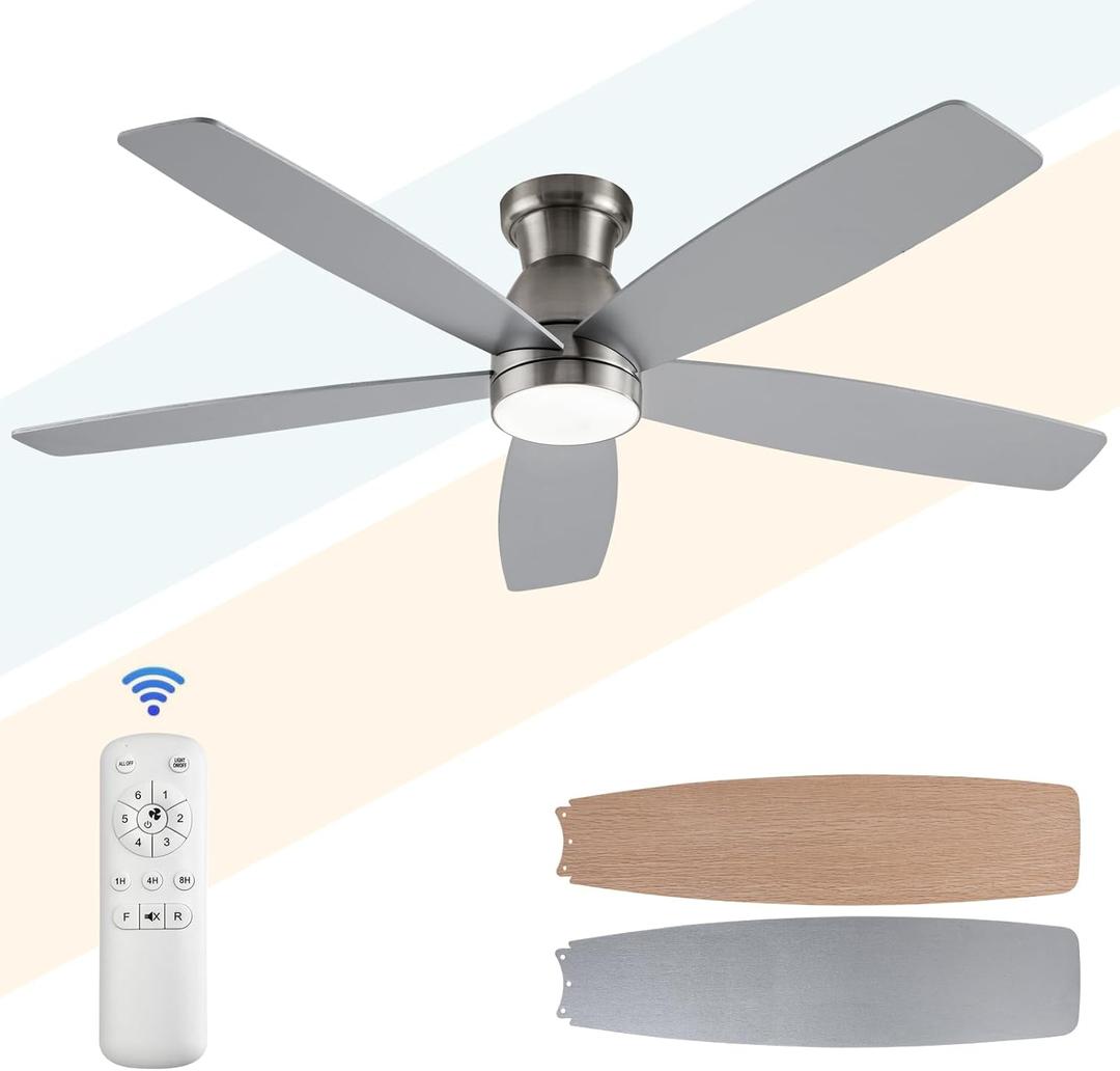 52 inch Low Profile Ceiling Fans with Lights and Remote Control,Black Flush Mount Ceiling Fan,Noiseless,Reversible DC Motor,Memory Program,Modern Hugger Ceiling Fan for Indoor Outdoor Use (Brushed Nickel)