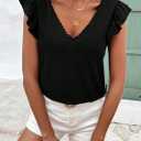 SOLY HUX Women's Lace T Shirt V Neck Ruffle Cap Sleeve Tee Casual Summer Tops (Black, S)