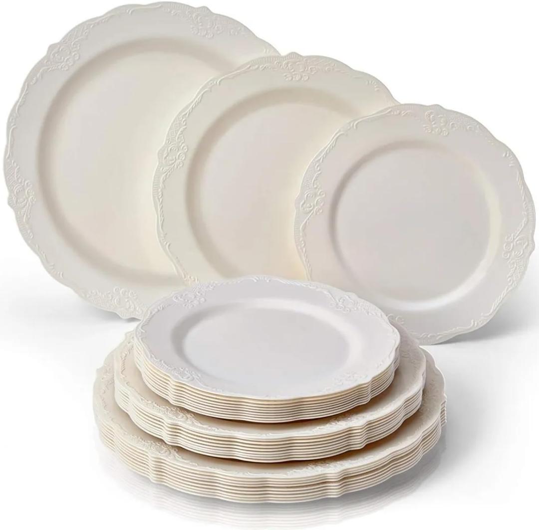Vintage Collection Cream Plastic Plates Combo Set - 10.25", 9", 7.5" (10 Each Set) - Ideal for Weddings, Anniversaries, Birthdays & Special Celebrations