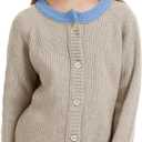 Girls Cardigan Sweater Kids Color Block School Uniforms Button Down Long Sleeve Knit Tops Tweens Winter Clothes (Beige)