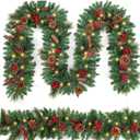 9FT Christmas Garland Decoration Prelit Christmas Garland with 100 Lights - Lighted Garland with Pine Cones Red Berries Cedar Lush 282 Branches Garland for Mantle Stairs Door Tree Timer