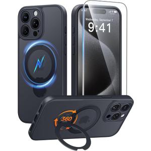 FNTCASE for iPhone 15 Pro-Max Case: [360 Spin Magnetic Stand] [Compatible with Magsafe] [Screen Protector] Translucent Matte Military Grade Shockproof Full Camera Protective Phone Cover - Black