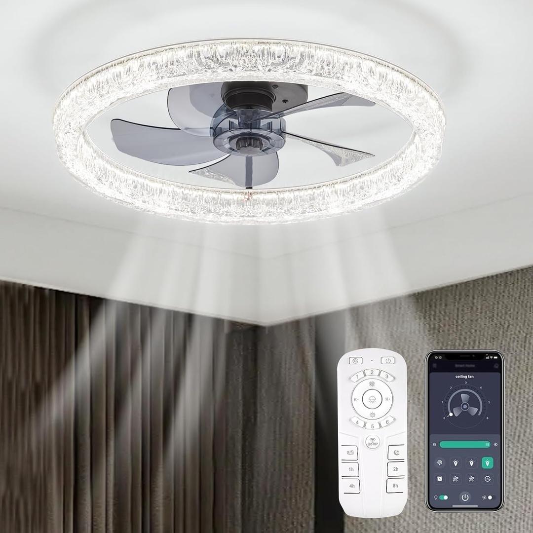 Ceiling Fans with Lights, Flush Mount Ceiling Fans with Light, 3000K-6500K Dimmable Fandelier Ceiling Fan Lamp, 5 Blades Low Profile Ceiling Fan with Lights and Remote for Bedroom, Kitchen (20 inch, Black)