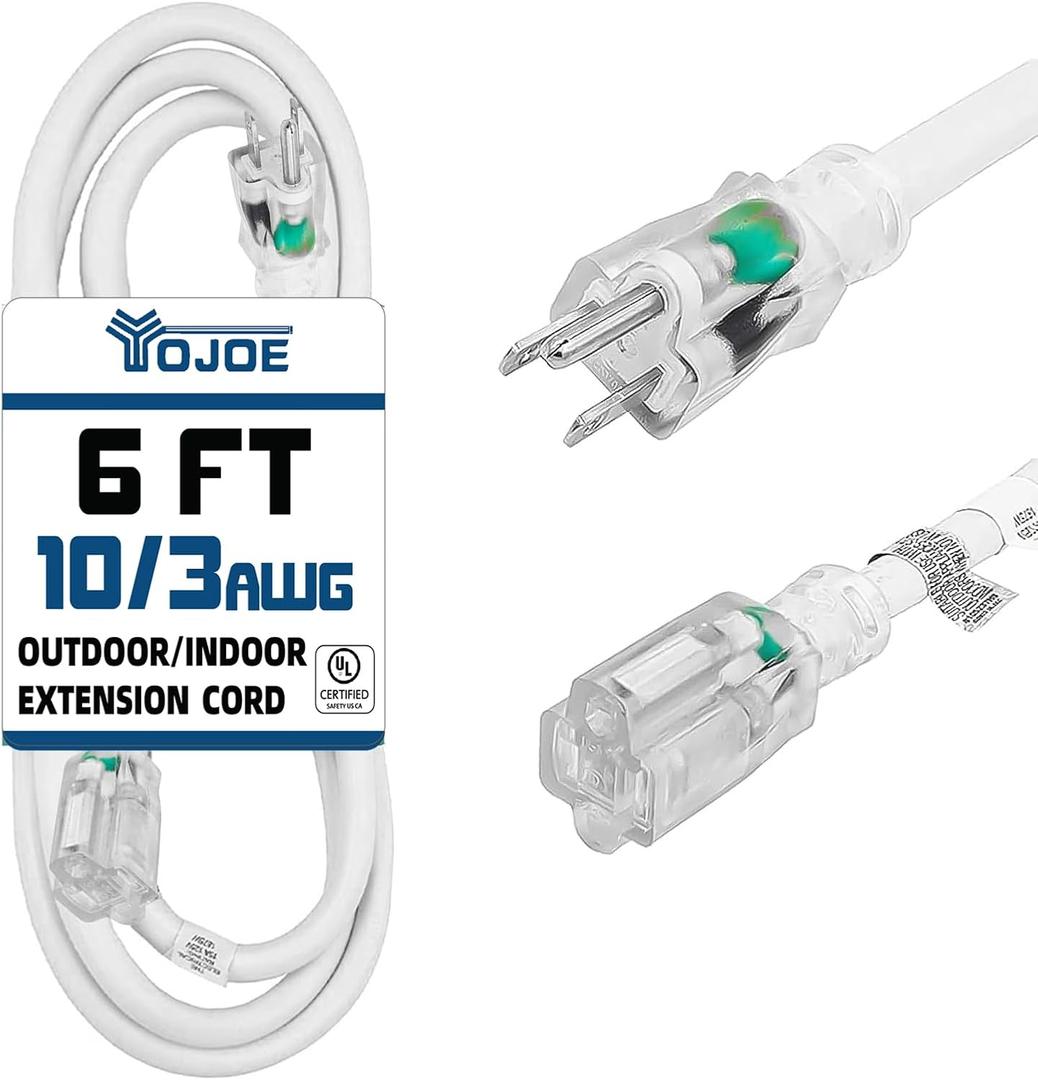 YOJOE Indoor Outdoor Extension Cord with Lighted End, 3 Prong 15A Weatherproof Power Cord, 10 Gauge Heavy Duty 6 ft White Extension Cord for Garage, Garden and Home, 10/3 SJTW UL Listed (6 Foot)