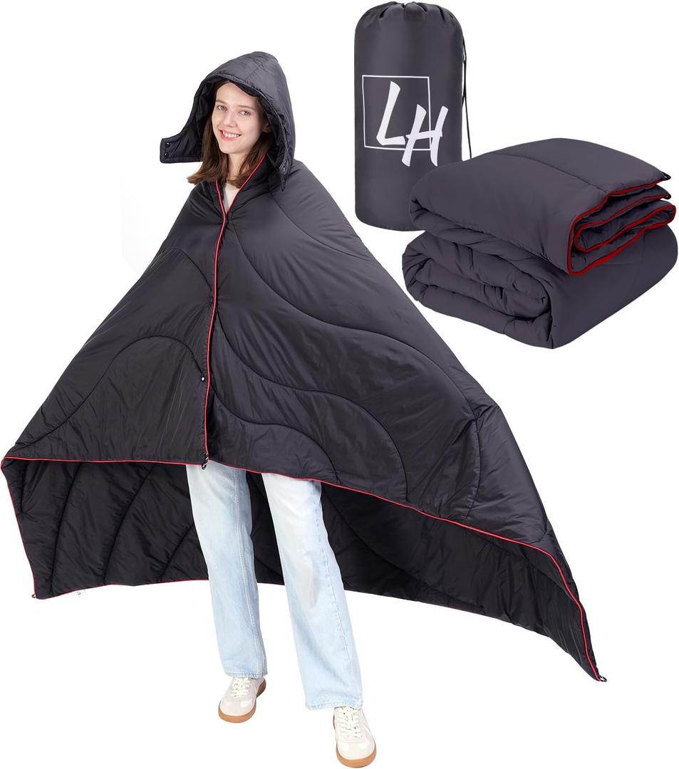 Outdoor Puffy Camping Blanket, Lightweight Down Alternative Puffy Waterproof Stadium Blanket with Portable Bag, Lightweight Camping Blanket for 2 People, Cold Weather, Sports, Travel, Car, 79*54 inch (Black)