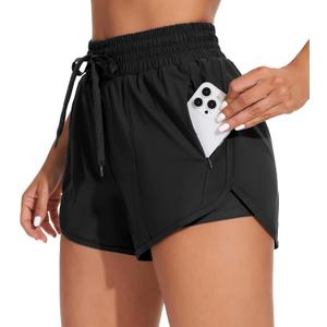 ATTRACO Women's High Waisted Swim Shorts Drawstring Board Shorts with Zipper Pockets Liner (Large, 1 Black)