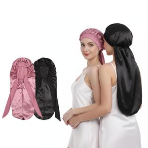 2 pack Silk Bonnet for Long Hair, 22 Momme Double-Layer Sleeping Cap for Women with Curls with Soft Adjustable Band (Rose Gold/Black),
