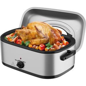 Sunvivi Electric Roaster Oven with Visible Self-Basting Lid, 24 Quart Turkey Roaster Oven with Removable Pan and Rack,Stainless Steel,Silver