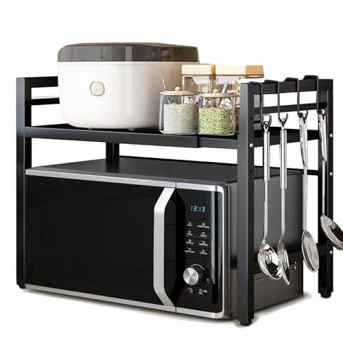 Vautrezon Microwave Oven Rack Expandable Countertop Heavy Duty Microwave Shelf 2-Tier Adjustable Metal Storage Shelf Rack for Kitchen(Black)