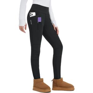 baleaf Thick Leggings for Women Water Resistant Snow Pants Fleece Lined Leggings Winter Ski Hiking Pants with Zip Pockets, Large