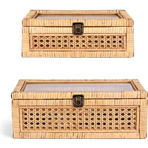 Rattan Decorative Box with Lid, Rectangular Woven with Glass for Display, Set of 2 Wicker for Decor