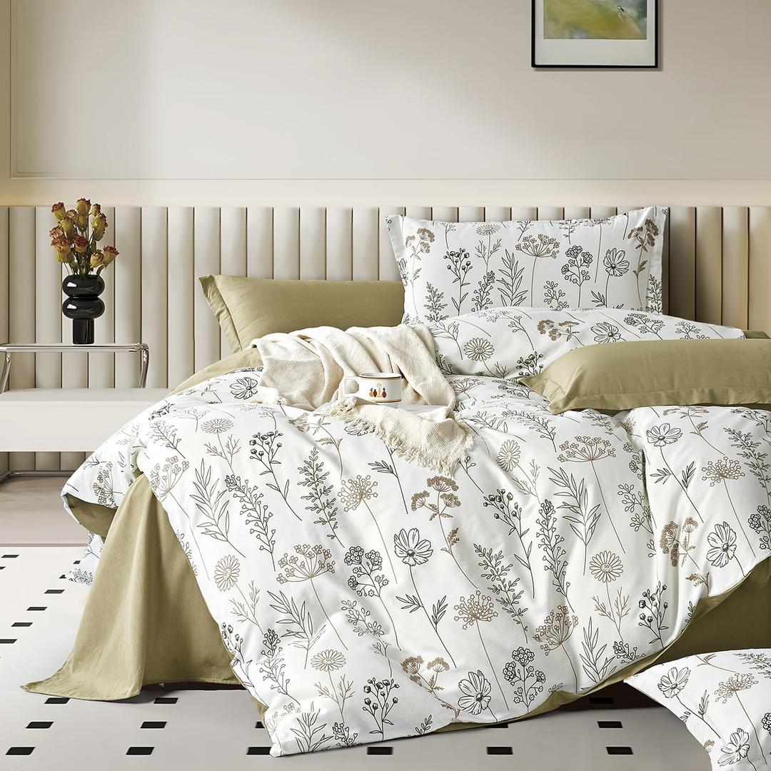 White Botanical Cotton Comforter Queen Size - 3PC Lightweight Bedding Sets with Ultra-Soft Alternative Fill, Luxurious Pale Mustard Reversible Design (1 Comforter, 2 Pillowshams) (Full/Queen (90"90"))