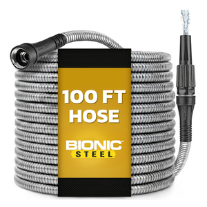 BIONIC STEEL 100 Ft Metal Garden Hose with Sprayer Nozzle, Non Kinking Designed Stainless Steel Heavy Duty Water Hose 100 Ft x 5/8 in. Flexible NON Expandable for Uninterrupted Water Flow, 500 PSI