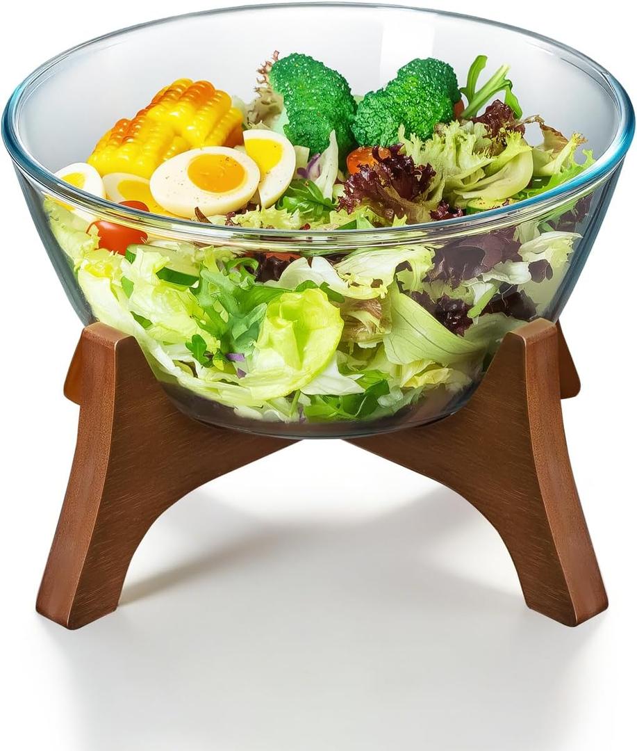 Buaic Large Glass Salad Bowl with Acacia Wood Base,5 L Decorative Glass Mixing Bowl Clear Borosilicate Glass Fruit Bowl and Trifle Bowl, Multifunctional Bowl for Popcorn,Chip, Bread,Snacks, Extra Large