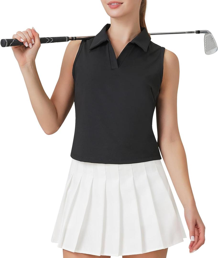 Turnhier Womens Sleeveless Golf Polo Shirts Quick Dry Collared V Neck Tennis Athletic Tank Tops (Medium, Black)