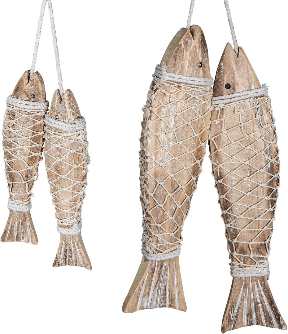 4 Packs Wooden Fish Sculpture for Wall Art, Nautical Hand Carved Wood Fish Decor with Fishing Net for Lake House Beach Theme Wall Home Decoration (Natural, Wood)