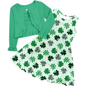 Toddler Girl Sleeveless Dresses and Long Sleeve Ruffle Cardigan 2 Piece Fall Outfits for 2-8T (Green)