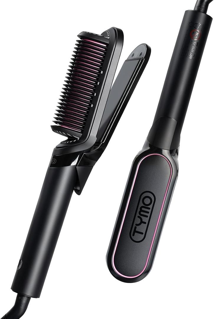 TYMO Flat Iron Hair Straightener Brush 2 in 1, 200M Ions Hair Straighteners for Women, Ceramic Straightening Hot Comb for Anti-Frizz Straights, Waves, Curl, 3X Less Heat Damage, Dual Voltage, Black