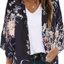 Women's Floral Print Puff Sleeve Kimono Cardigan Loose Cover Up Casual Blouse Tops 2026 (Blue, S)
