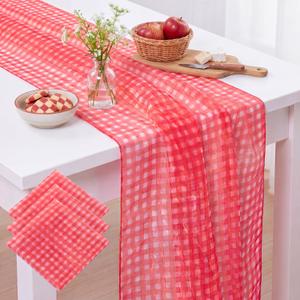 3 Pcs Red Gingham Table Runners 27 x 71 Inch White Red Checkered Organza Table Runner for Picnic Birthday Party Wedding BBQ Kitchen Baby Shower Home Farmhouse Dinner Decor