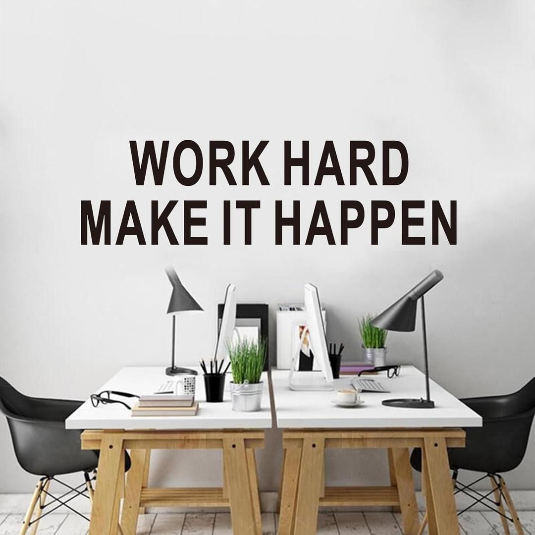 3 x Inspirational Quotes Wall Stickers for Office: Motivational Gym School Classroom Garage Bedroom Living Room Vinyl Art Wall Decals - Work Hard Make it Happen 25" X 7" (Small)