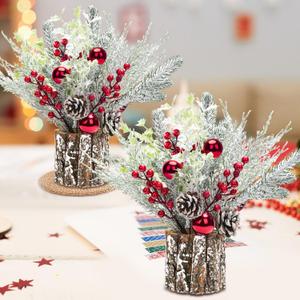 2 Pack Christmas Table Decorations, 14 Inch Christmas Centerpiece Small Potted Christmas Tree with Lights, Pine Cones and Berries, Xmas Artificial Plants for Tables, Home, Mantel Holiday Decor (Red)
