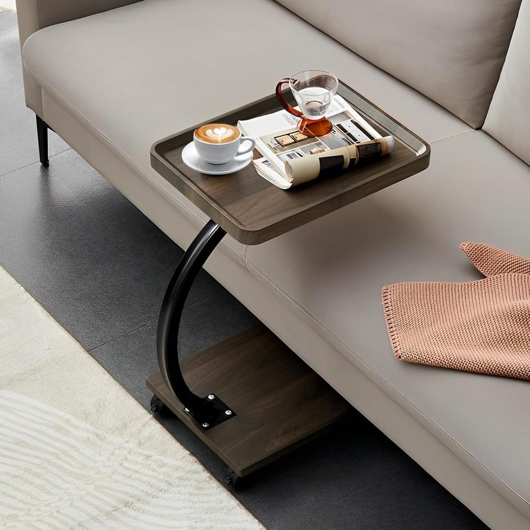 C Table End Table,360Swivel TV Tray Table for Small Spaces, Couch Tables That Slide Under, C Shaped Side Tables with Wheels for Living Room and Bedroom, Bed,Chair, Snack Table (L15.7*W11.8, Walnut-c Shapedunadjustable)