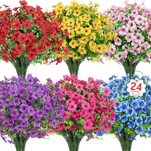 Ouddy Decor 24 Bundles Artificial Flowers for Outdoors Fake Silk Flowers UV Resistant Faux Plastic Plants for Spring Summer Garden Porch Window Box Table Vase Home Indoor Outdoor Decoration, Mixed