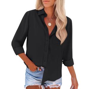 siliteelon Button Down Shirts for Women Wrinkle Free Long Sleeve Shirts Dress Shirts Work Office Blouse Tops with Pocket (Medium, Black)