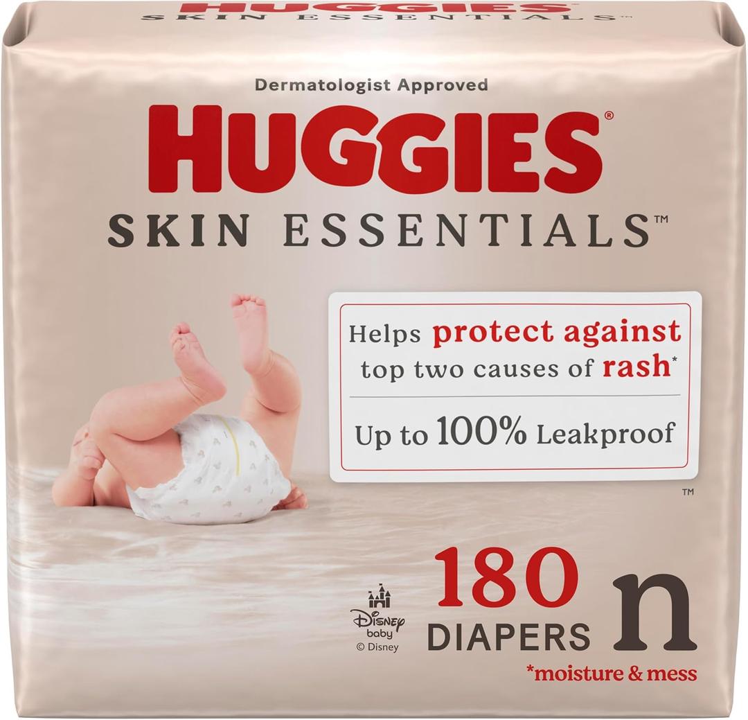 Huggies Size Newborn Diapers, Skin Essentials Baby Diapers, Size Newborn (6-9 lbs), 180 Count (3 Packs of 60), 
