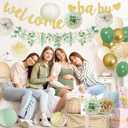 Baby Shower Decorations Sage Green Welcome Baby Sign Banner with Green Balloons Oh Baby Tablecloth Gender Neutral Baby Items Paper Pom Poms Decorations for Gender Reveal Party Supplies