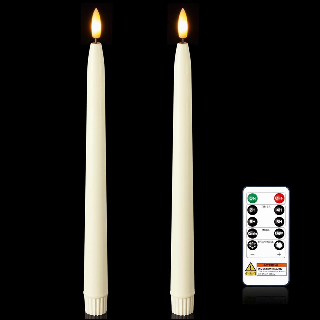 Homemory 11 inches Waxy Flameless Taper Candles with Remote Timer Dimmer, 2 Pcs Battery Operated Taper Candles with Flickering Flame, Ivory LED Candlesticks for Wedding, Christmas Indoor Decoration